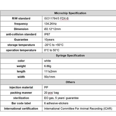 Duurzame Fofia Nieuwe Hete Verkoop RFID 134.2kHz PP Materiaal Hond ID Microchip Waterdichte Boerderij Gebruik Huisdier Injectie 1.5 Jaar Oorlabel