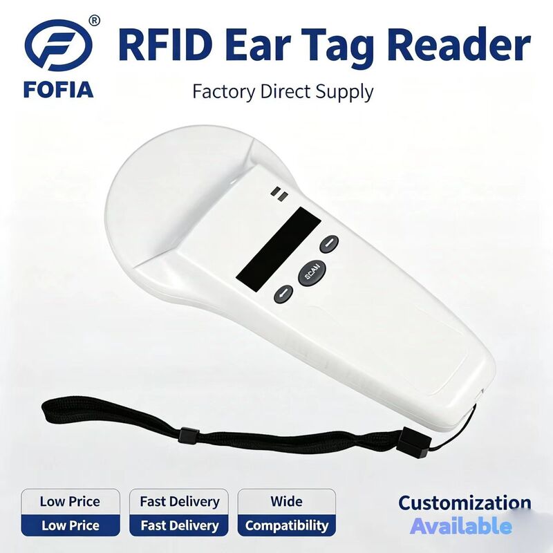 FOFIA Duurzame kunststof RFID-handheldlezer met 128x32 OLED-scherm /USB voor langeafstandsgebruik voor huisdieren en boerderijen