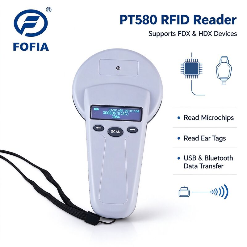 FOFIA PT580 RFID Handheld Reader 125kHz 134.2kHz ISO11784/5 FDX HDX OLED USB Pet Microchip Ear Tag Scanner